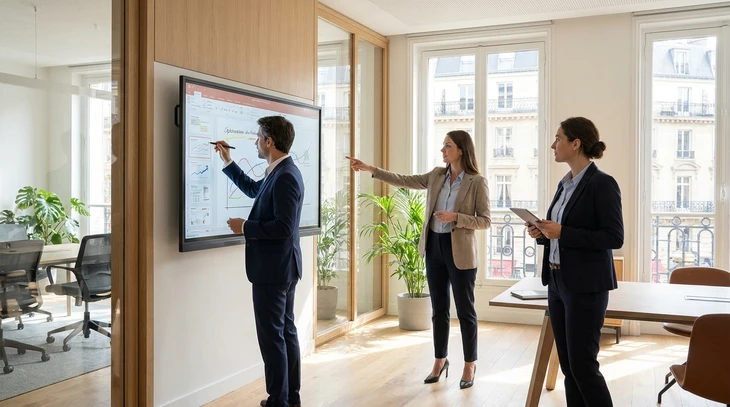 Photographie en environnement intérieur professionnel montrant un grand écran interactif moderne installé au mur ou sur pied dans une salle de réunion. L'écran affiche une interface collaborative ou un contenu de présentation. Deux à trois professionnels en tenue de travail sont présents dans la pièce, interagissant avec l'écran ou se tenant à proximité, démontrant l'utilisation collaborative et la modernité de l'équipement. Éclairage naturel ou professionnel, décoration intérieure contemporaine et mobilier de bureau moderne.