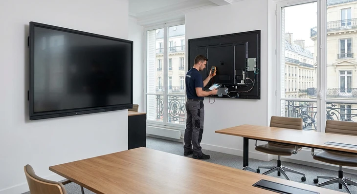Technicien ou responsable maintenance en tenue professionnelle effectuant une intervention de maintenance sur un grand écran interactif mural installé dans une salle de réunion professionnelle. La personne tient un outil de diagnostic ou de maintenance (testeur, multimètre ou accédant au panneau arrière de l'écran). L'écran est clairement visible avec son boîtier mural, et l'environnement montre une salle de réunion moderne avec mobilier de bureau. L'éclairage est professionnel, illustrant le suivi technique régulier et la fiabilité des équipements.