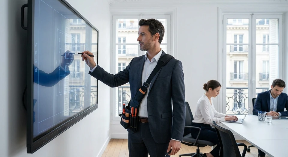 Technicien ou responsable commercial ISIREPRO en train de paramétrer ou de tester un écran interactif de grande taille (type écran totem, vitrine numérique ou écran de réunion) en environnement professionnel, montrant une interaction directe avec le produit. L'image doit transmettre l'expertise, la maîtrise technique et l'accompagnement professionnel spécifique aux solutions d'affichage numérique et d'écrans interactifs.