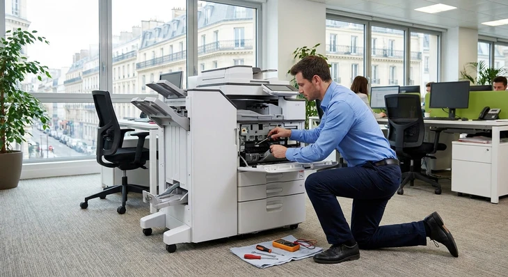 Technicien en tenue professionnelle effectuant une intervention de maintenance sur un photocopieur multifonction professionnel en environnement de bureau client. Le technicien ouvre ou manipule un panneau latéral du copier pour accéder aux composants internes, avec outils de maintenance à proximité. L'équipement est en situation réelle, dans un bureau lumineux avec mobilier professionnel en arrière-plan, illustrant une maintenance préventive ou curative directe sur le parc d'impression client.