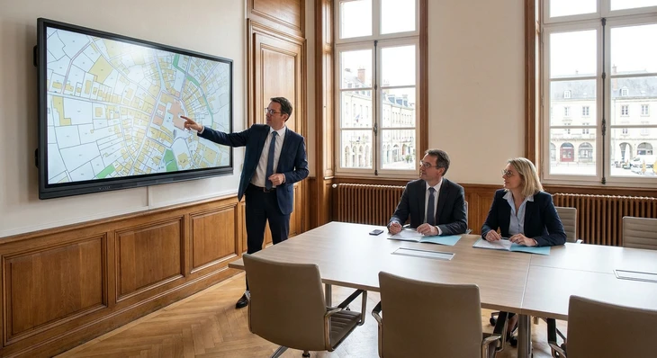 Photographie professionnelle d'une salle de réunion dans une mairie ou collectivité locale, montrant un grand écran interactif mural moderne affichant un document administratif, un graphique ou une présentation officielle. Deux à trois élus ou agents publics en tenue professionnelle sont présents dans la salle, se tenant près de l'écran ou assis autour d'une table de réunion, illustrant l'utilisation collaborative de l'équipement dans un contexte administratif. L'environnement reflète l'architecture institutionnelle d'une mairie ou collectivité : mobilier de réunion classique mais moderne, décoration sobre et professionnelle, éclairage naturel ou professionnel. L'accent est mis sur l'intégration technologique dans un contexte municipal/administratif.