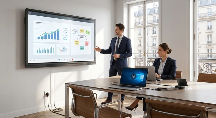 Salle de réunion professionnelle moderne avec un grand écran interactif mural affichant un contenu professionnel (graphiques, présentation, tableau collaboratif). Au premier plan, un ordinateur portable ou un unité centrale visible sur le bureau de la salle de réunion, avec des câbles ou une connexion sans fil établie vers l'écran interactif. Un ou deux professionnels en tenue de travail sont présents, interagissant avec l'écran ou se tenant près du PC de salle, illustrant clairement l'intégration et la compatibilité du PC avec l'écran interactif mural. Mobilier de bureau moderne, éclairage professionnel, décoration contemporaine.