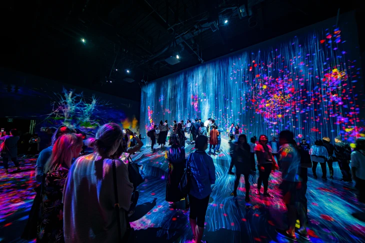 Salle d'exposition immersive avec visiteurs explorant une installation artistique numérique interactive