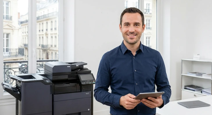 Portrait professionnel d'un technicien ou responsable technique en chemise ou polo d'entreprise, dans un bureau ou espace de travail lumineux, tenant une documentation technique ou tablet, posé devant un photocopieur multifonction ou imprimante professionnelle, regardant la caméra avec une expression accueillante et compétente, transmettant la disponibilité et l'expertise technique.