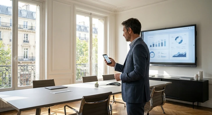 Photographie en environnement de salle de réunion professionnel moderne montrant un professionnel tenant une tablette ou un smartphone, dont l'écran se reflète ou s'affiche de manière synchronisée sur un grand écran interactif mural en arrière-plan. La personne est en tenue professionnelle, regardant son appareil portable tout en regardant l'écran mural qui affiche le même contenu en temps réel, illustrant clairement le partage sans fil. Éclairage professionnel, décoration contemporaine, mobilier de réunion moderne visible. L'accent doit être mis sur la connexion technologique sans fil entre l'appareil personnel et l'écran collectif.
