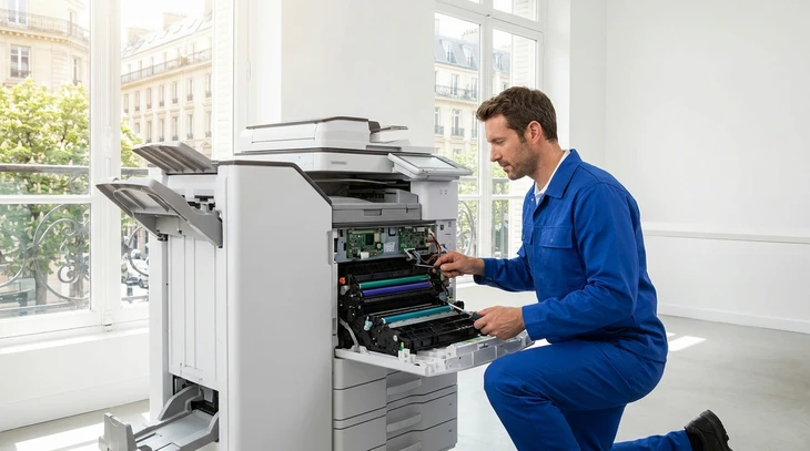 Technicien en uniforme professionnel effectuant une intervention de maintenance préventive sur un photocopieur multifonction professionnel en environnement de bureau moderne. Le technicien peut être montré accédant au compartiment de maintenance, inspectant les composants internes, ou effectuant un diagnostic. L'image doit clairement montrer l'aspect de maintenance et d'assistance technique, avec un environnement professionnel contemporain.