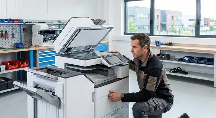 Photographie d'un technicien en tenue professionnelle inspectant attentivement un photocopieur multifonction au design épuré, avec focus sur les détails de l'équipement et les composants visibles (bac papier, panneau de commande, vitre de numérisation). L'arrière-plan montre un espace de maintenance ou d'atelier technique propre et organisé, mettant en avant l'aspect professionnel et la qualité de l'équipement reconfectionné.