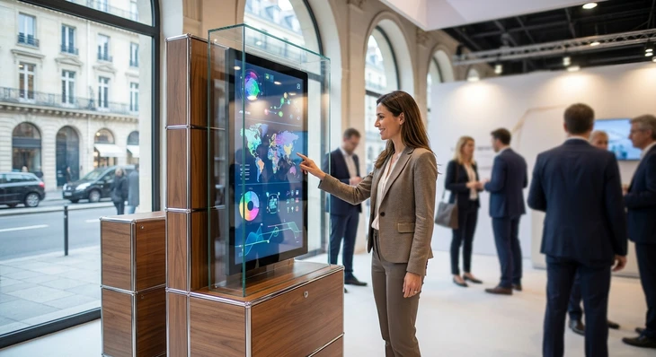 Visiteur interagissant avec un écran tactile de grande taille en verre ou vitre intégrée dans un stand d'exposition professionnel lors d'un salon ou événement B2B. L'écran affiche une interface conviviale et colorée. L'environnement montre un cadre de salon/exposition avec d'autres visiteurs floués en arrière-plan, éclairage professionnel, signalétique du stand visible. La personne porte des vêtements professionnels et interagit naturellement avec l'interface tactile, illustrant l'engagement de l'audience via un dispositif interactif.