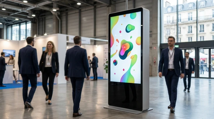 Un totem numérique autonome sur pied, d'aspect moderne et professionnel, exposé dans un salon ou un espace événementiel. L'écran affiche un contenu dynamique et coloré (interface de présentation, visuels marketing animés). Le totem est positioned de façon à attirer l'attention dans un environnement d'exposition B2B, avec d'autres visiteurs professionnels en arrière-plan légèrement floués, passant devant le dispositif ou s'en rapprochant. L'éclairage est professionnel et met en valeur à la fois l'écran et le contenu affiché. L'environnement suggère un cadre de salon ou d'événement professionnel, avec signalétique et stands visibles en arrière-plan.