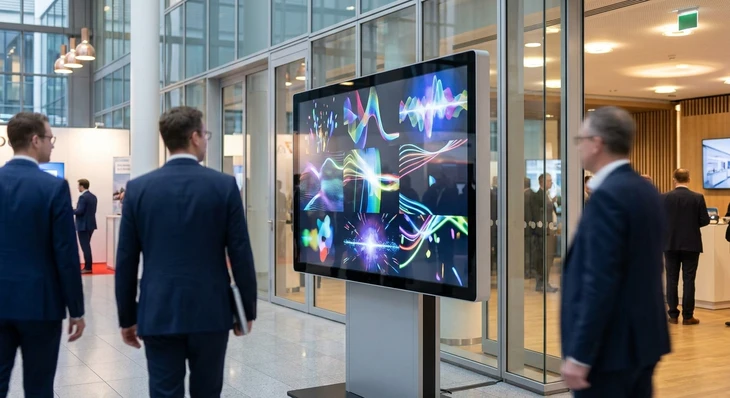 Scène d'un salon ou événement professionnel B2B. Au premier plan, un grand écran numérique (minimum 60 pouces) affiche des visuels marketing animés et colorés en temps réel. L'écran est stratégiquement positionné dans un espace événementiel avec plusieurs visiteurs professionnels en arrière-plan qui observent ou passent devant le dispositif. L'environnement montre distinctement l'atmosphère d'un événement professionnel : éclairage dédié valorisant l'écran, environnement ouvert avec stands alentours, branding visible. Le contenu affiché doit être dynamique, moderne et attrayant, illustrant clairement la capacité de l'affichage numérique à captiver l'attention en contexte événementiel, différenciant cette image du contexte de bureau des images déjà sélectionnées.