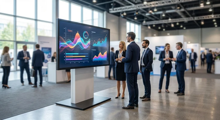 Écran numérique de grande taille (au minimum 50 pouces) monté sur un support pied stable et moderne, positionné dans un stand d'exposition professionnel. L'écran affiche un contenu dynamique coloré et attrayant (interface de présentation ou visuels marketing). L'environnement montre un contexte de salon professionnel ou d'événement B2B avec plusieurs visiteurs professionnels en arrière-plan légèrement floués se déplaçant ou s'approchant de l'écran. L'éclairage est professionnel et met en valeur l'écran. Le cadre global doit montrer distinctement la mobilité et l'autonomie du dispositif, différenciant clairement cette image des totems et des écrans muraux déjà sélectionnés.