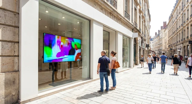Vitrine extérieure d'un commerce ou showroom en plein jour. Un grand écran numérique haute luminosité (55-65 pouces) est intégré dans la vitrine ou monté sur le mur intérieur visible de l'extérieur. L'écran affiche un contenu marketing dynamique et coloré (visuels promotionnels, interface attrayante). La scène est fortement éclairée par la lumière naturelle du jour (midi ou après-midi ensoleillé), montrant clairement la lisibilité exceptionnelle de l'écran malgré les conditions de luminosité élevée. L'environnement montre la devanture du commerce avec passants ou clients en arrière-plan observant la vitrine. L'ensemble doit démontrer la capacité de l'écran à captiver l'attention en pleine lumière naturelle, différent des contextes fermés ou événementiels des images déjà sélectionnées.