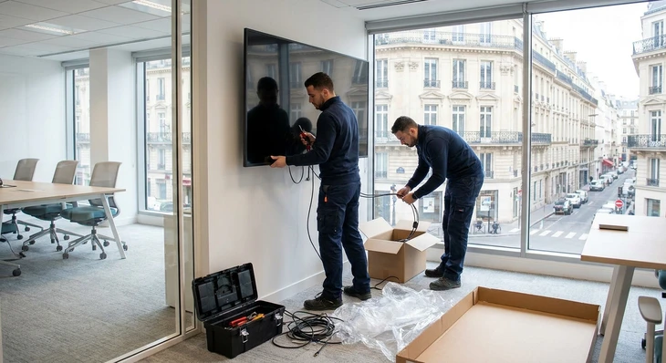 Technicien ou équipe de professionnels en tenue de travail installant un grand écran numérique (minimum 55 pouces) sur un support mural ou sur pied dans un espace professionnel (bureau, showroom, salon). L'image montre l'écran partiellement ou totalement installé, avec du matériel d'installation visible (câbles, outils, emballage). Un deuxième technicien ou responsable peut superviser l'installation. L'environnement doit être clairement professionnel et distinct des contextes événementiels déjà illustrés. L'éclairage doit être naturel ou professionnel, mettant en valeur l'installation en cours.
