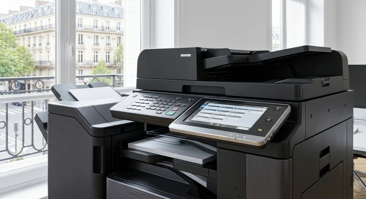 Gros plan professionnel sur un photocopieur multifonction haut de gamme de couleur noire ou grise, mettant en avant ses commandes numériques, son écran tactile et ses bacs de papier, photographié dans un environnement de bureau lumineux, sans personne. L'image doit montrer l'équipement sous un angle qui met en évidence sa qualité, sa modernité et ses fonctionnalités, distincte des images existantes qui soit par une perspective de détail technique, soit par un environnement ou une posture de l'appareil différente.