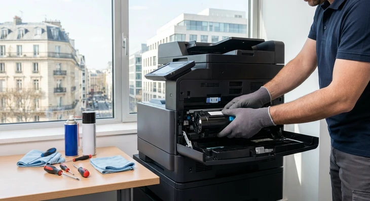 Gros plan sur les mains d'un technicien en tenue professionnelle effectuant une action de maintenance préventive sur une imprimante multifonction professionnelle noire : accès au bac de toner, nettoyage d'un élément interne ou inspection d'un composant critique. L'appareil doit être moderne et haut de gamme, photographié de manière à montrer le caractère technique et le professionnalisme de l'intervention, dans un environnement professionnel de bureau lumineux avec des outils de maintenance visibles en arrière-plan.