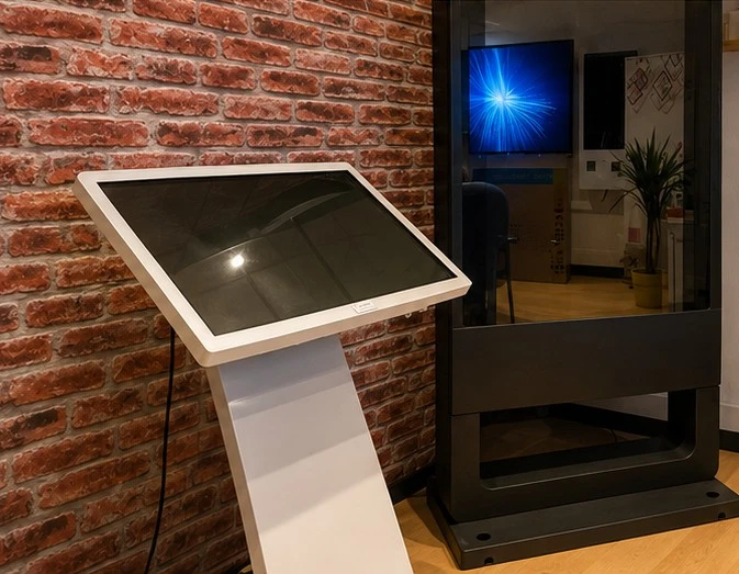 Photographie d'un écran LED haute résolution installé dans le mur ou sur un support d'une réception d'entreprise moderne, affichant du contenu dynamique professionnel (graphiques, textes, images), avec un environnement d'accueil épuré et contemporain en arrière-plan légèrement flou, montrant l'intégration réelle de la technologie dans un contexte professionnel.