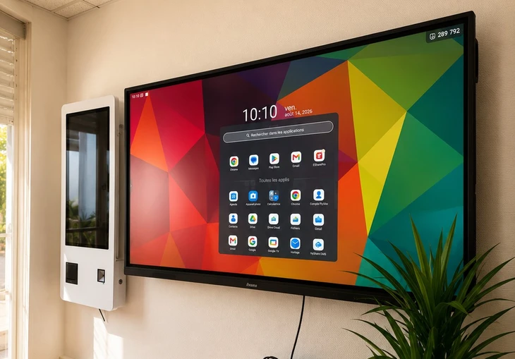 Photographie en environnement de salle de réunion professionnel moderne montrant un professionnel tenant une tablette ou un smartphone, dont l'écran se reflète ou s'affiche de manière synchronisée sur un grand écran interactif mural en arrière-plan. La personne est en tenue professionnelle, regardant son appareil portable tout en regardant l'écran mural qui affiche le même contenu en temps réel, illustrant clairement le partage sans fil. Éclairage professionnel, décoration contemporaine, mobilier de réunion moderne visible. L'accent doit être mis sur la connexion technologique sans fil entre l'appareil personnel et l'écran collectif.